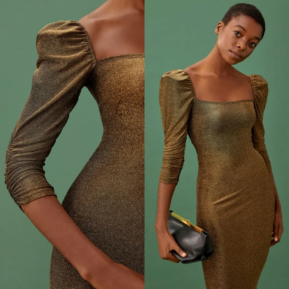 Reformation 'Rahm' Ruched Puff Sleeve Dress in Bronze Sparkle Size XS - Picture 4 of 13